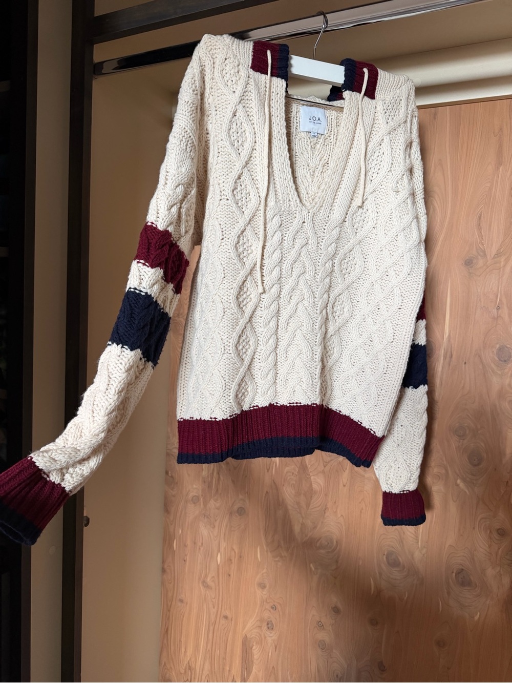 J.O.A. Cream Cable-Knit V-Neck Sweater with Navy & Burgundy Trim